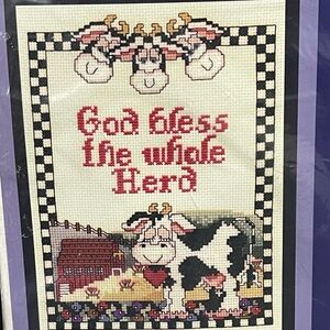 Cross Stitch Wall Hanging - 'God Bless the Whole Herd' Cow Design
